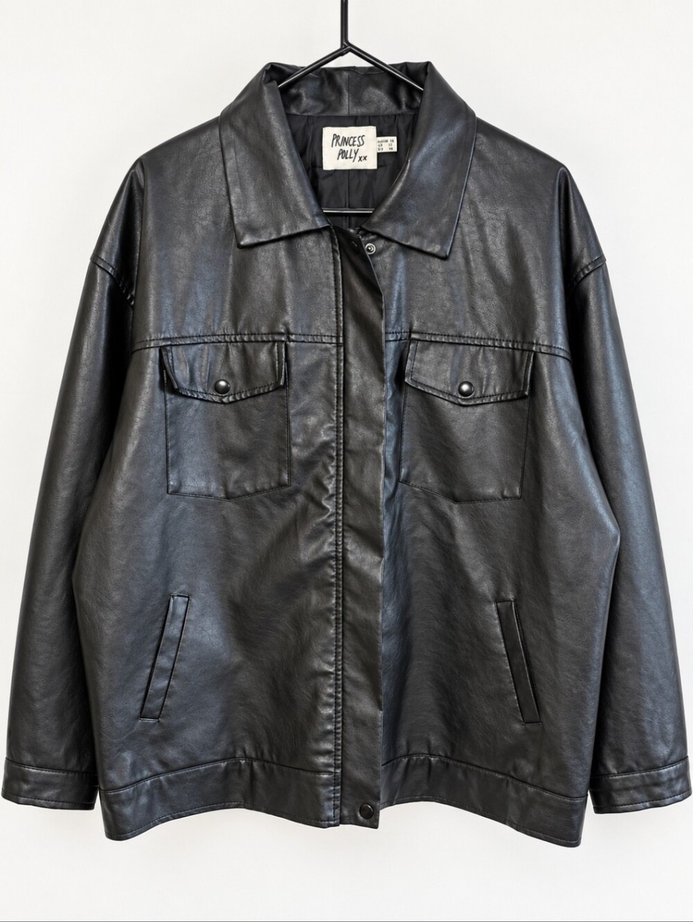 Princess Polly Callie Faux Leather Jacket Women's Size 12 Black Oversized Lined